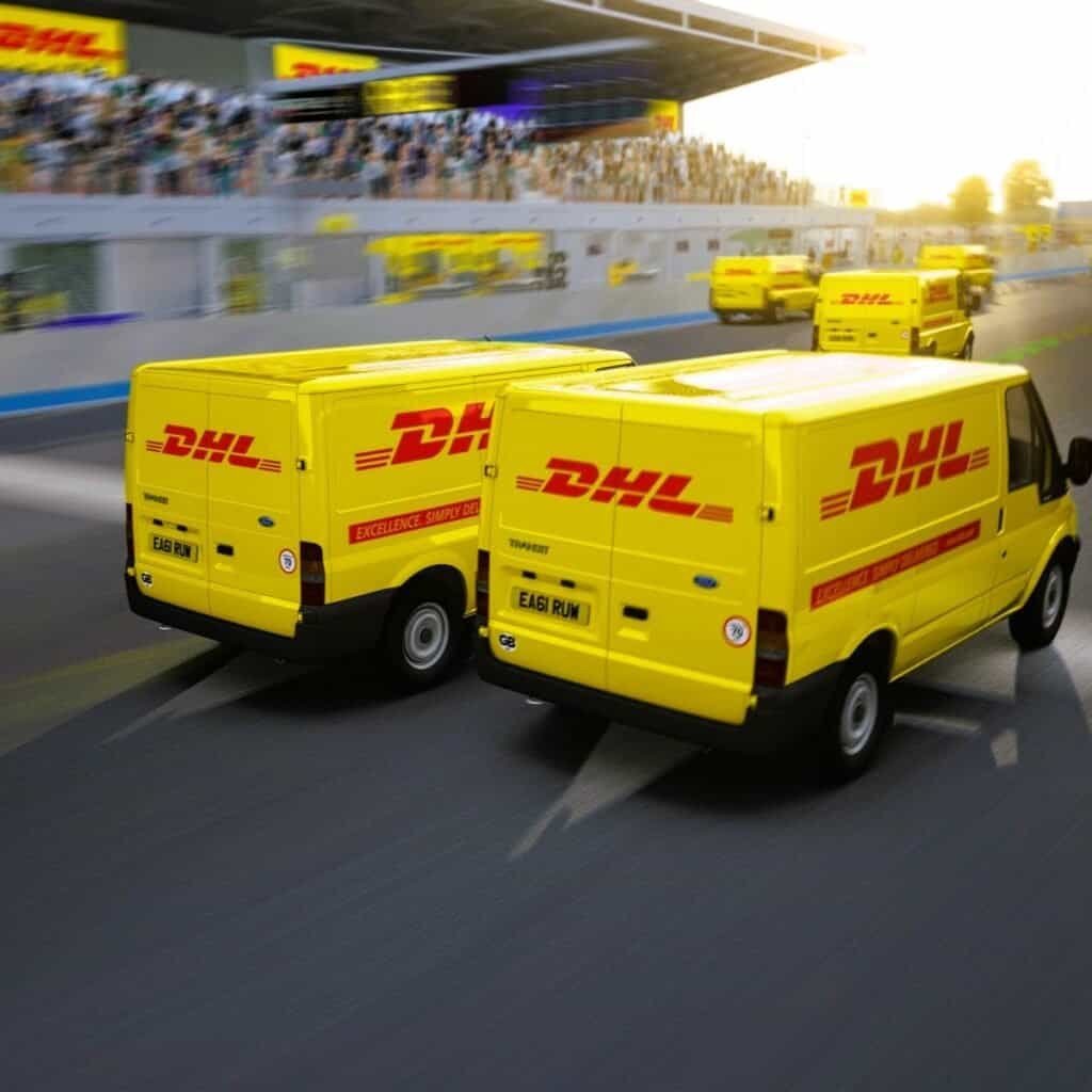 RoarFun clients. DHL van VR race to race simulator on F1 racing track